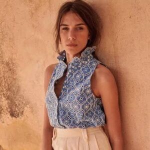 Sezane Erina Shirt Bleu Ecru - Size 36